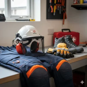Essential chainsaw PPE including a safety helmet with a mesh visor, ear defenders, and protective trousers meeting UK standards.