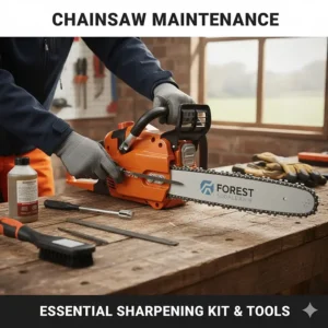 A chainsaw maintenance and sharpening kit featuring a round file and depth gauge for keeping a saw chain sharp.