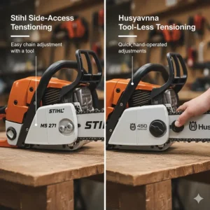 Demonstrating side-access chain tensioning on a Stihl saw versus the tool-less tensioning system on a Husqvarna model.