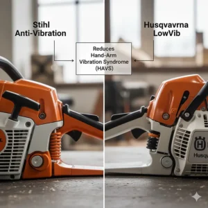 Close-up of anti-vibration springs on Stihl and Husqvarna handles designed to prevent Hand-Arm Vibration Syndrome (HAVS).