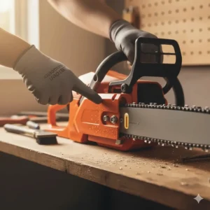 A user checking the translucent oil reservoir window on an electric chainsaw to ensure proper lubrication.