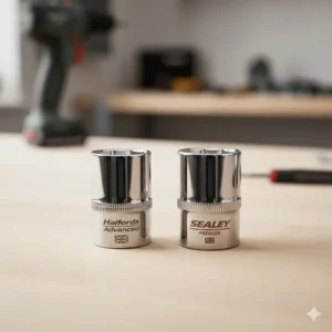 A high-definition shot of the chrome vanadium steel finish on individual Halfords and Sealey sockets, highlighting the professional sheen.