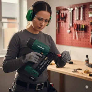 A person performing maintenance on a gas-powered nail gun by replacing the fuel cell.