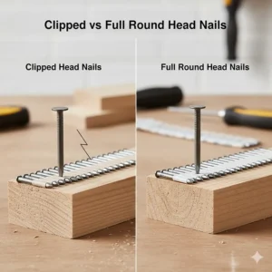 Illustration showing the difference between clipped head and full round head nails for framing nailers.
