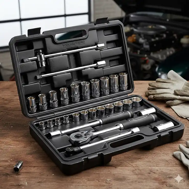 A professional 1/2 drive socket set in a heavy-duty carry case, featuring metric sockets and a high-torque ratchet for automotive work. 1/2 drive socket set