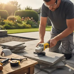 Using a cordless angle grinder to trim stone paving slabs for a British garden patio renovation.