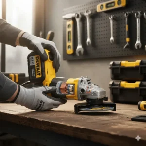 Close-up of a high-capacity lithium-ion battery pack being slotted into a cordless angle grinder.