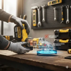 Diagram highlighting the rapid electronic brake and anti-kickback features on a cordless angle grinder.