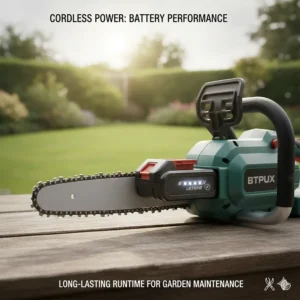 A lithium-ion battery being inserted into a cordless chainsaw to demonstrate runtime for UK garden maintenance.