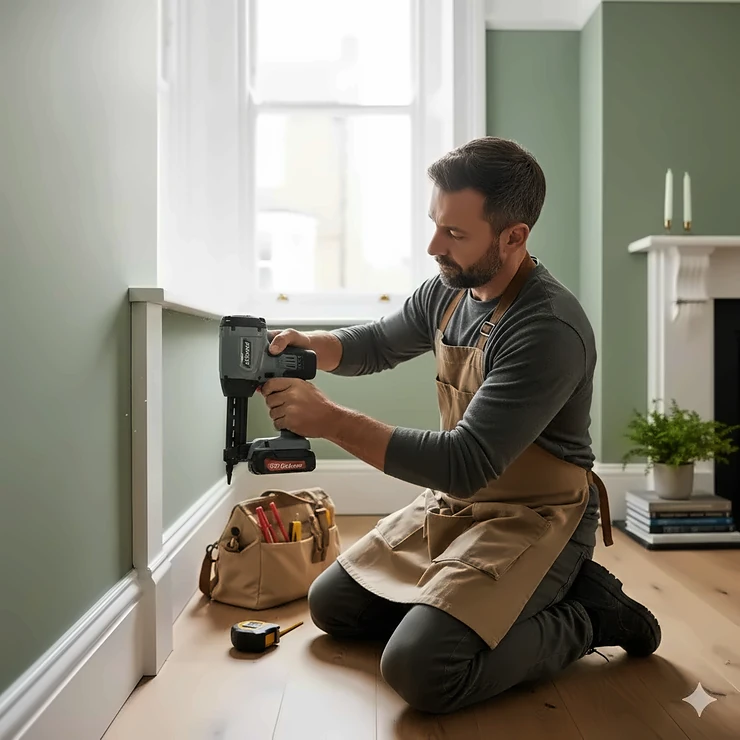 A carpenter using a cordless finish nailer to fix MDF skirting board in a British Victorian-style renovation. finish nailer