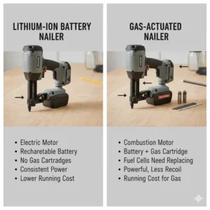 An infographic comparing lithium-ion battery finish nailers with gas-actuated nail guns.