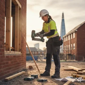 A professional tradesperson using a cordless nail gun to fix timber framing on a UK building site.