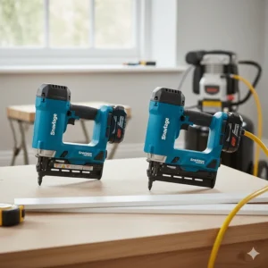 Alt text for image 6: A comparison of a battery-powered cordless brad nailer next to a traditional pneumatic model with an air hose.