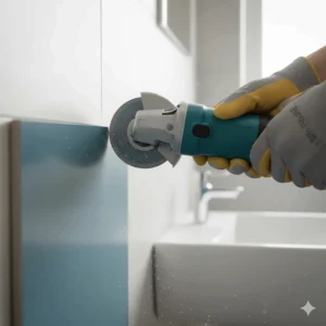 Precision cutting of a ceramic bathroom tile using a small handheld angle grinder.