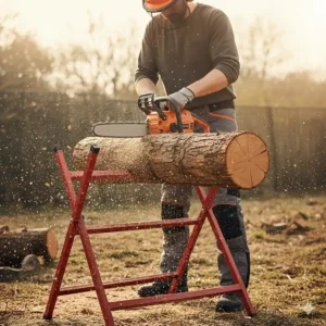 An electric chainsaw slicing through a thick oak log on a metal saw horse for winter firewood.