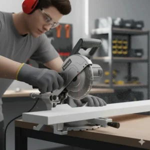 Using a mitre saw to cut a precise 45-degree angle on a piece of timber for fitting skirting boards or architrave.