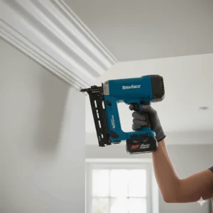 Alt text for image 4: A tradesperson securing decorative crown moulding at the junction of a ceiling and wall using a brad nailer.