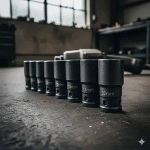 A row of heavy-duty deep-reach 1/2 drive impact sockets finished in matte black for use with air tools.