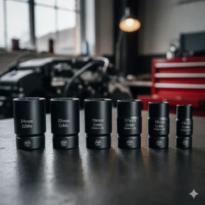 A row of deep impact sockets designed for reaching recessed bolts on British car engines.