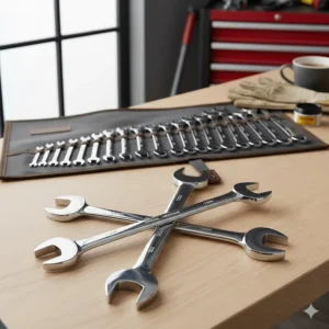 A set of classic double open-ended spanners, used for accessing nuts in tight engine bays.