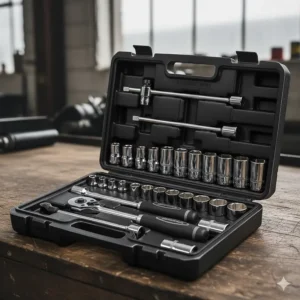 Interior view of a durable blow-moulded storage case with dedicated slots for a complete 1/2 drive socket set.