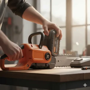 Close-up of a high-capacity lithium-ion battery being inserted into a modern electric chainsaw.