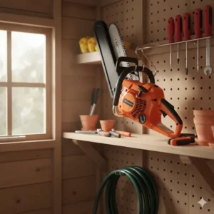 An electric chainsaw neatly stored with its protective scabbard on a shelf in a tidy British garden shed.
