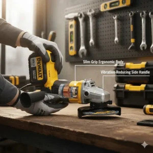 A cordless angle grinder with a slim-grip body and a vibration-reducing side handle for comfortable use.