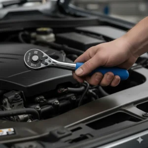 A 72-tooth teardrop ratchet handle providing precision movement in tight engine bays.