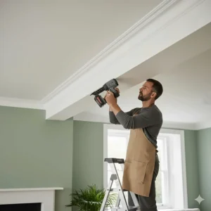 Fixing decorative timber crown moulding to a ceiling using a pneumatic finish nailer.