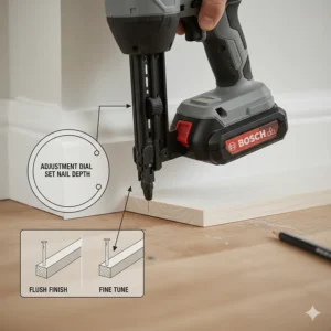 A diagram showing how to adjust the depth-of-drive on a finish nailer for a flush finish in softwood.