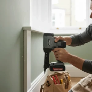 Close-up of a finish nailer being used to install timber door architrave in a hallway.