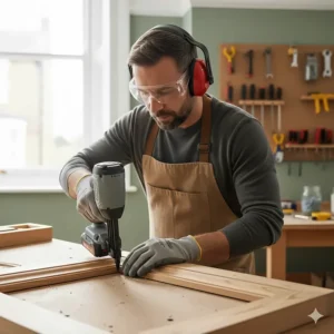 A woodworker wearing safety goggles and ear protection while operating a power nailer in a workshop.