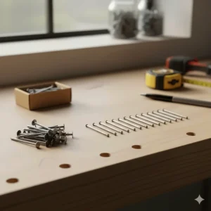 A variety of finish nails and brads laid out on a workbench, suitable for UK second-fix carpentry.