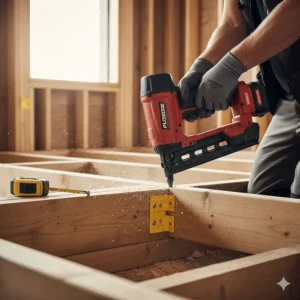 Close-up of a framing nailer being used for first fix carpentry to install floor joists.