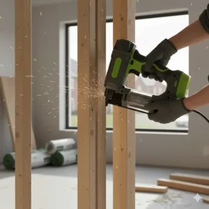 Heavy-duty first fix nail gun being used for structural timber stud work in a home renovation.