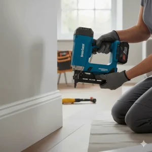 Alt text for image 3: A close-up shot of a brad nailer pinning a wooden door architrave securely to a wall frame.