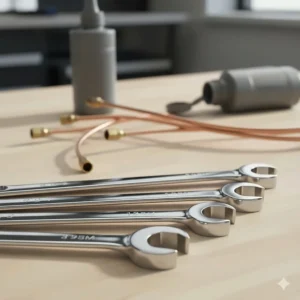 A set of flare nut spanners specifically designed for gripping brake lines and hydraulic fittings.