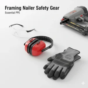 An illustration of essential safety gear including eye protection and ear defenders for using a framing nailer.