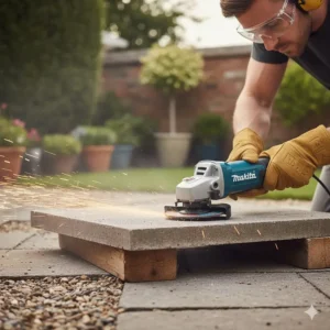 Using an angle grinder with a diamond blade to trim a concrete garden paving slab.