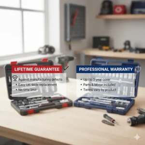 An informational graphic comparing the Halfords Lifetime Guarantee with the Sealey professional warranty terms for UK customers.