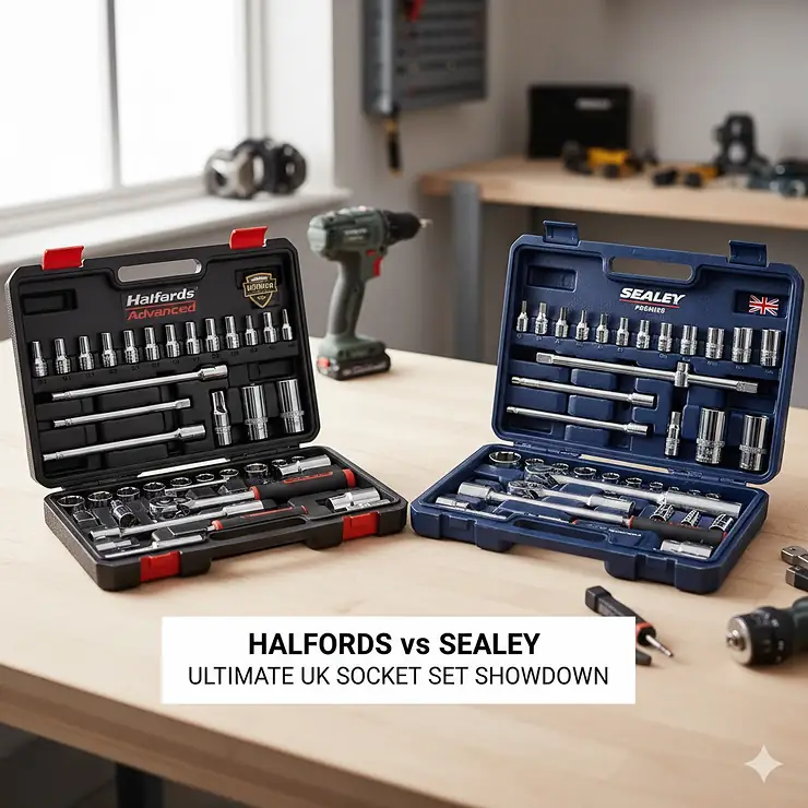 A professional side-by-side comparison of Halfords Advanced and Sealey socket sets on a wooden workbench in a UK garage setting. Halfords vs Sealey socket set