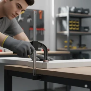 A wooden board securely held in place by a vertical metal clamp on a mitre saw station for safe and accurate operation.