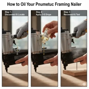 A step-by-step guide showing where to apply tool oil to a pneumatic framing nailer.