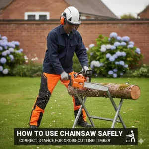 A person demonstrating the correct stance and grip for using a chainsaw safely to cross-cut timber on a sawhorse.
