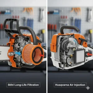 Comparison of Husqvarna Air Injection centrifugal system and Stihl long-life air filtration filters for professional use.