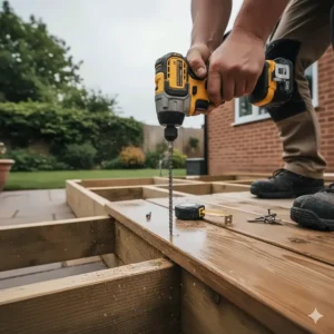 Using a high-torque impact driver to secure timber decking boards in a typical UK garden project.