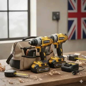 A popular UK power tool twin pack containing a cordless impact driver, combi drill, two batteries, and a charger.