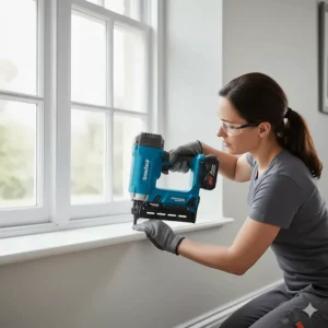 Alt text for image 9: Using a brad nailer to install new timber window casing during the renovation of a Victorian-style house.