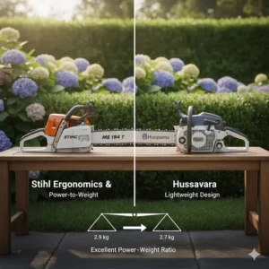 A comparison of the power-to-weight ratio and ergonomic handle design between Stihl and Husqvarna top-handle chainsaws.